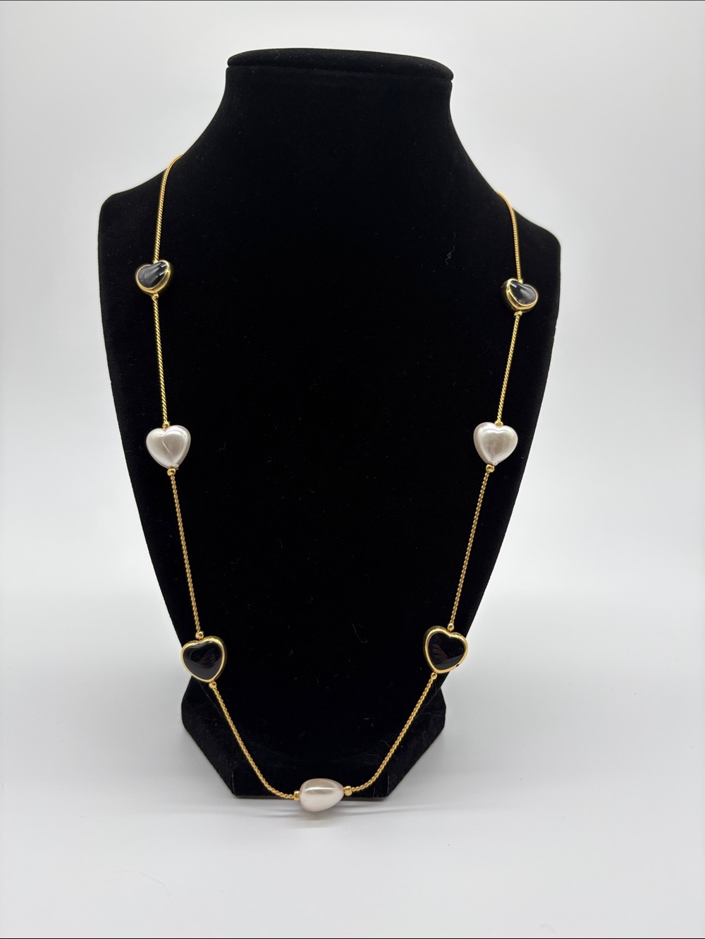 Gold Plated Heart Station Necklace Black White Heart Accents